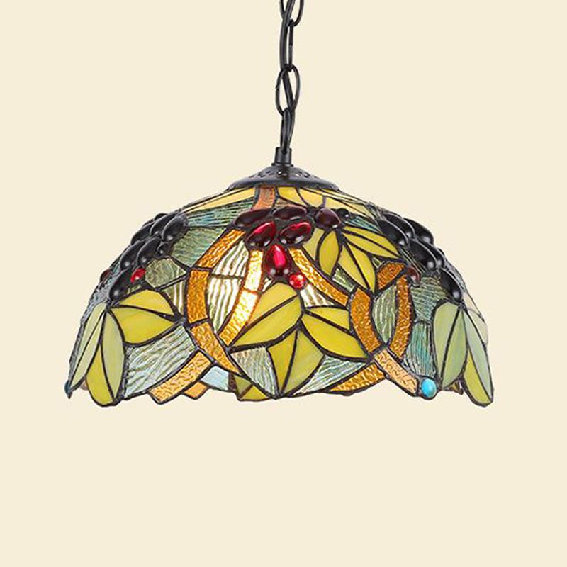 1 Light Kitchen Ceiling Pendant Tiffany Green/Blue Hanging Light with Domed Stained Glass Shade