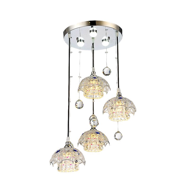 Cilindro a blocchi di cristallo cluster luce ciondolo contemporaneo a 4 luci finitura cromato giù illuminazione con top ombrello