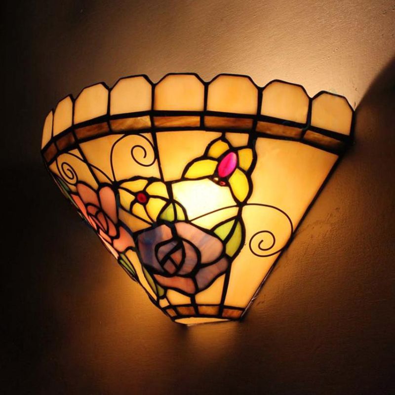 1 Light Beige Cone Wall Sconce Light with Flower and Butterfly Stained Glass Wall Lighting