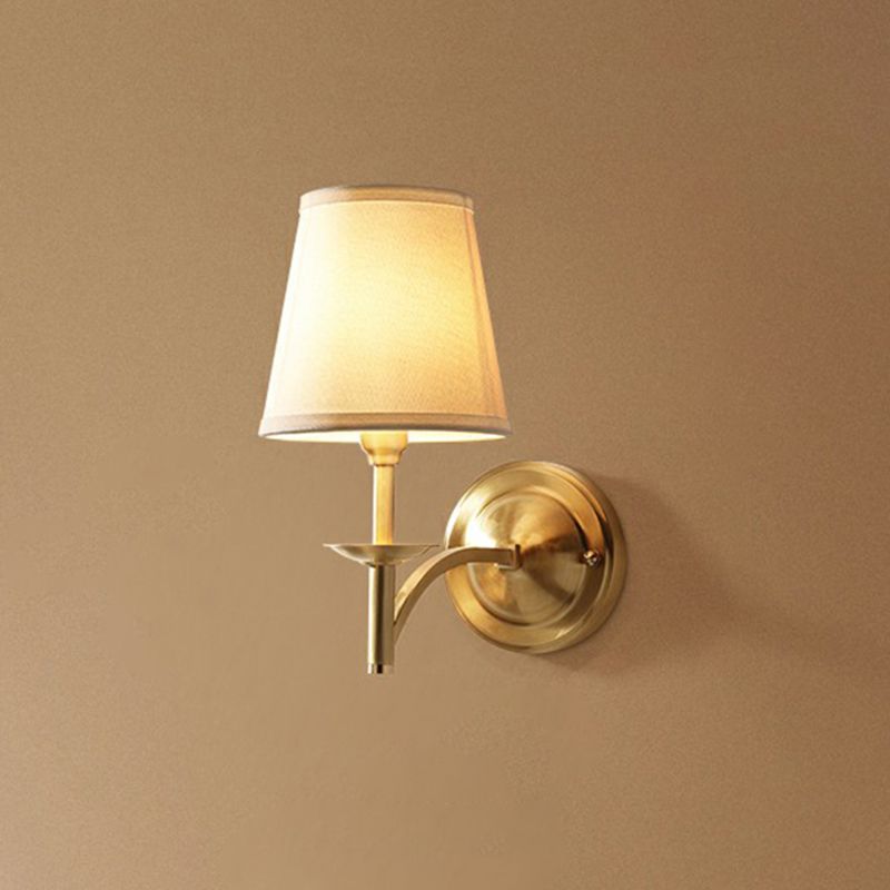 Simplicity 1-Bulb Sconce Lamp Brass Tapered Wall Light with Fabric Shade for Dining Room