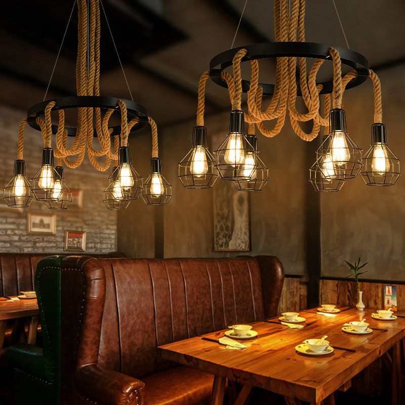 6 Bulbs Ceiling Chandelier Rustic Circular Iron Pendant Light with Hemp Rope and Cage in Brown for Restaurant