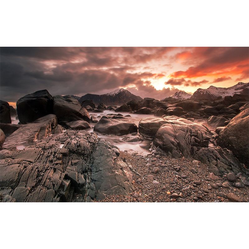 Sunset Mountain Spa Scene Mural Modern Moisture Resistant Indoor Wall Decor, Custom Size