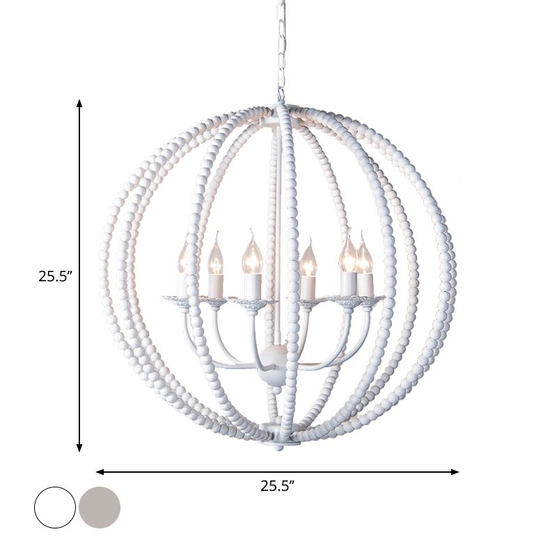 Wood Ceiling Chandelier Beaded Sphere Traditional Pendulum Light with Inner Candelabra Design