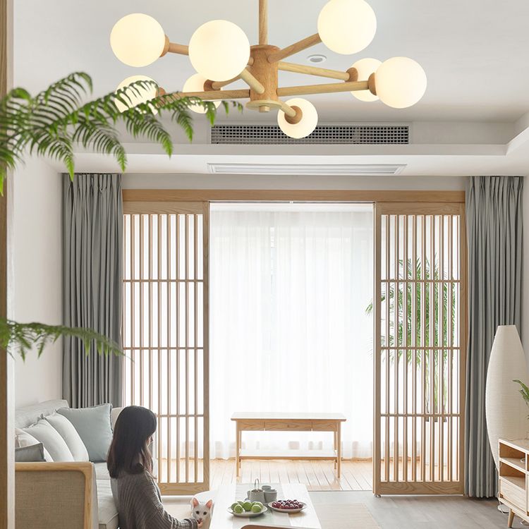 Beige Solid Wood Hanging Light Simplicity Modern Style White Frosted Glass Shade Chandelier Lamp for Living Room Bedroom