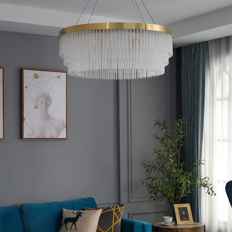 Prismatic Crystal Glass Tiered Chandelier Minimalist Gold LED Pendant Lighting Fixture