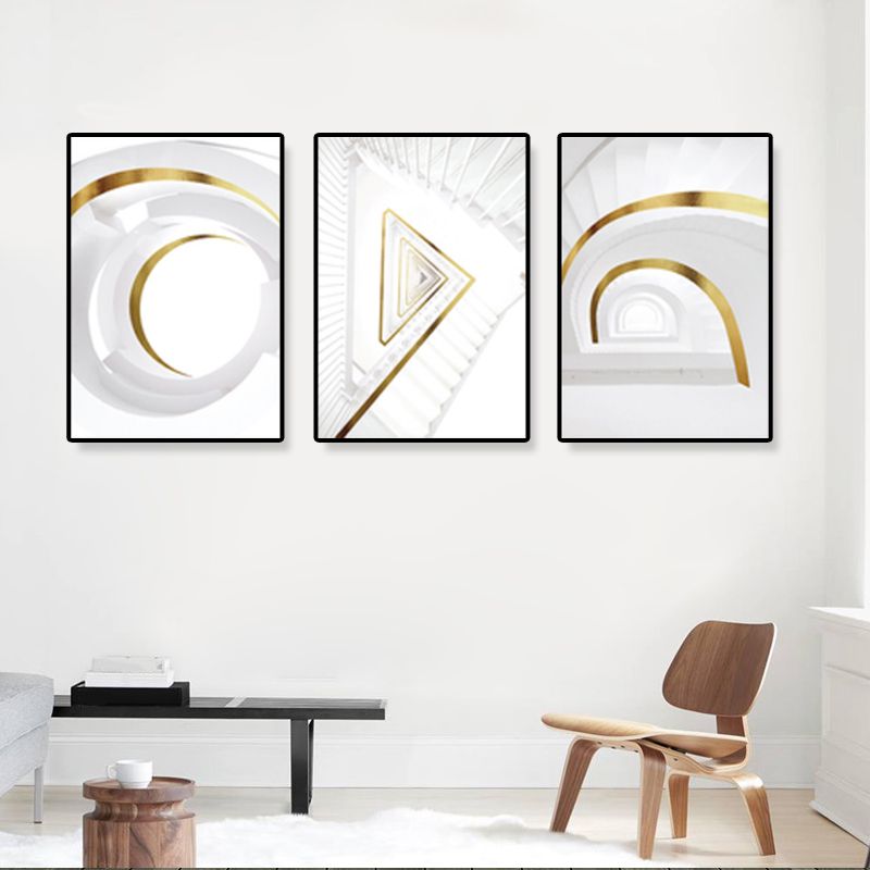 Modern Geometric Canvas Art White and Gold Architecture Wall Decor for Living Room