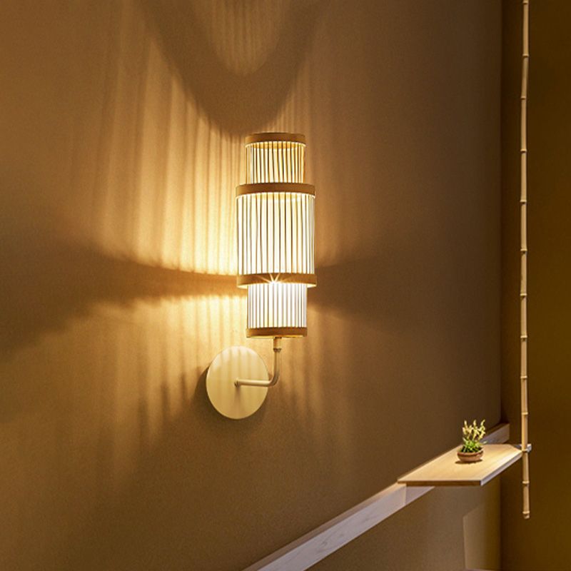 Cylinder Wall Lamp Fixture Asian Style Bamboo Single Bulb Wood Wall Lighting with Curved Arm for Restaurant