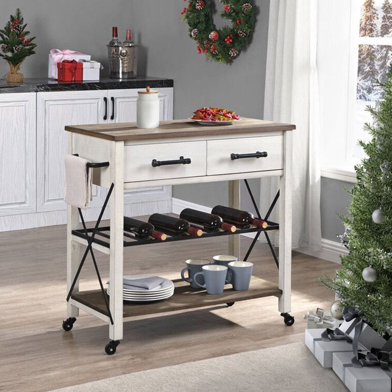 Solid Wood Kitchen Island Rolling Kitchen Trolley with Towel Rack