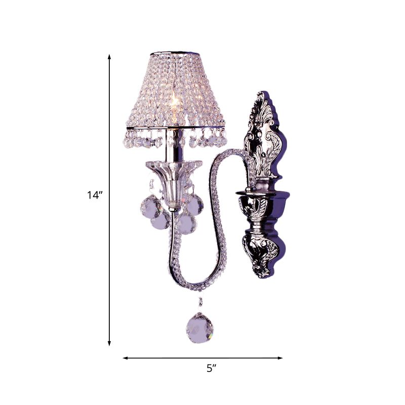 1/2-Head Crystal Beaded Wall Lamp Countryside Silver Conical Bedside Wall Mount Fixture with Swooping Arm