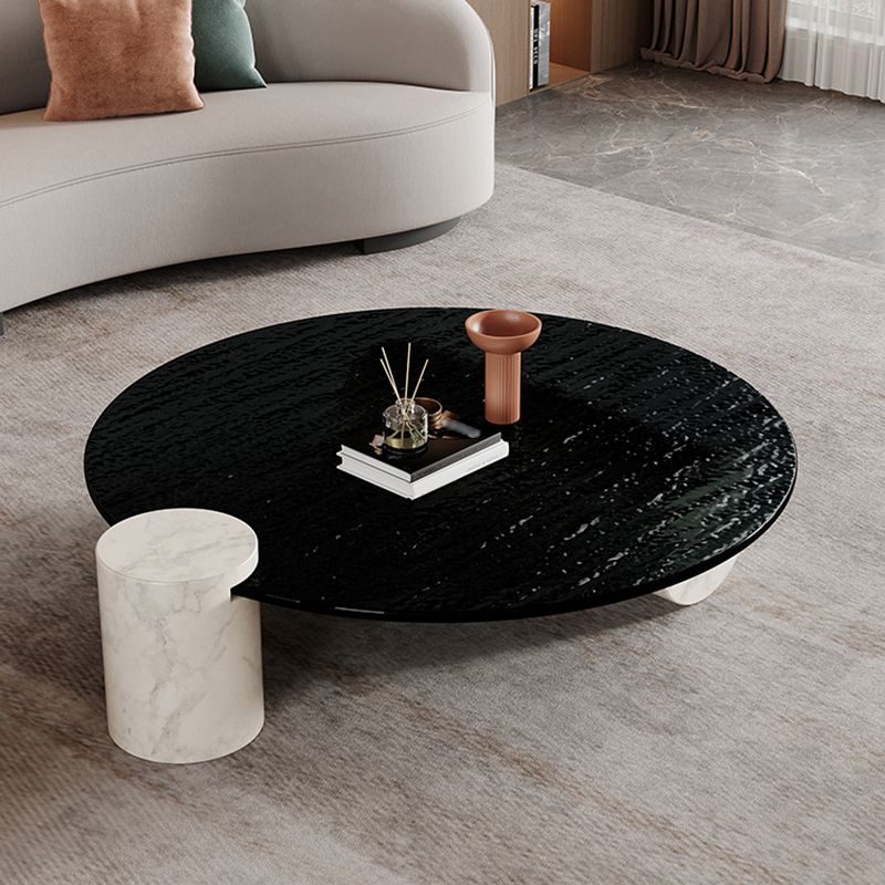 Modern Marble 2 Legs Coffee Table Round Glass Top Cocktail Table in Clear