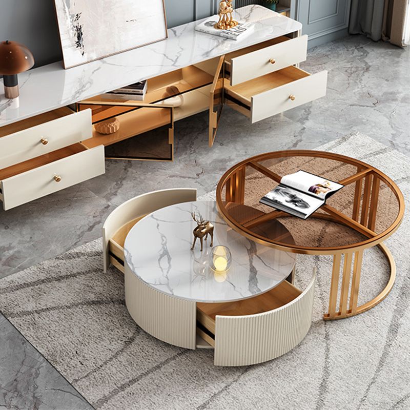 Glass Coffee Table Frame Round Nesting Coffee Table with Storage Drawers