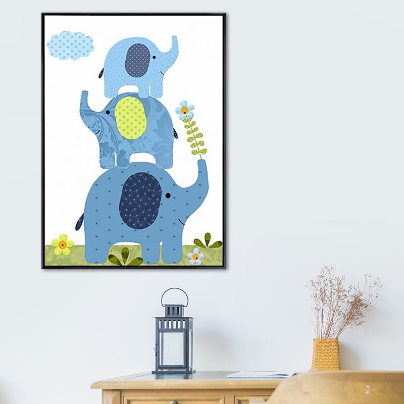 Elephant Canvas Wall Art Cartoon Cute Animal Pattern Wall Decor in Blue for Nursery
