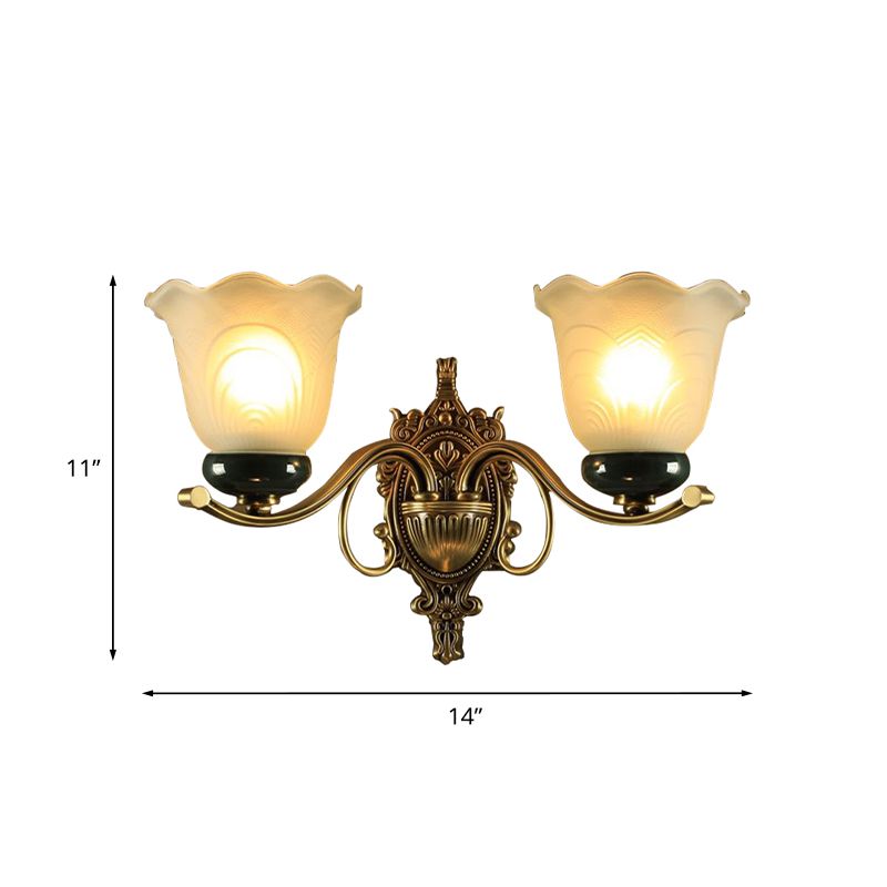 2 Lights Floral Wall Lamp Traditional Brass Frosted Glass Wall Sconce Light with Carved Backplate