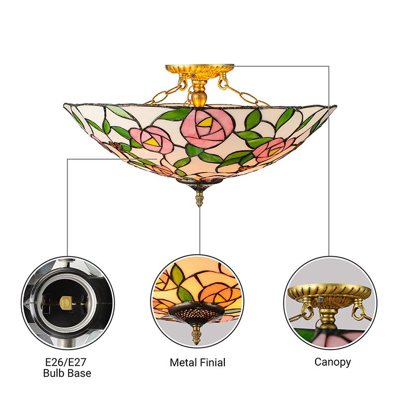 Pink and Green Bowl Flush Light with Rose Vintage Tiffany Stained Glass Flush Ceiling Light