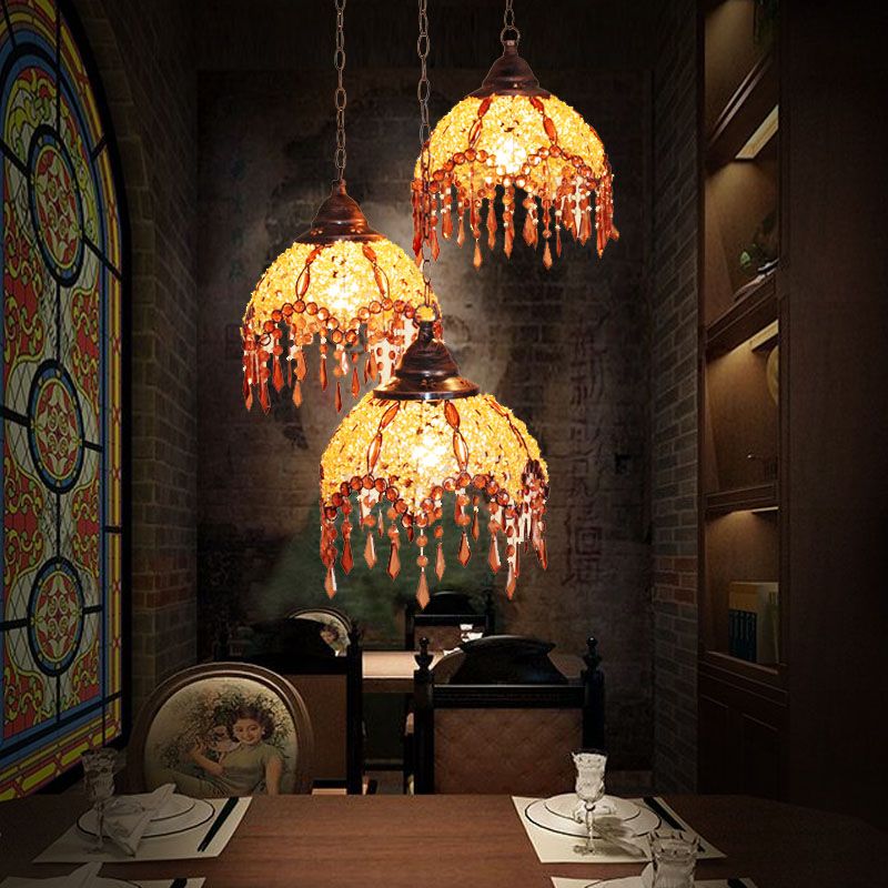 Scalloped Restaurant Cluster Pendant Light Decorative Metal 3 Lights Yellow Hanging Lamp with Crystal Accent