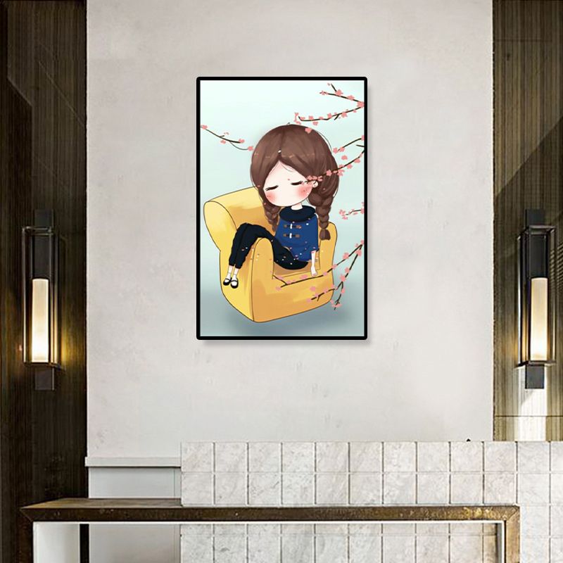 Cartoon Young Girl Art Print Soft Color Figure Drawing Canvas for Bedroom, Multiple Sizes