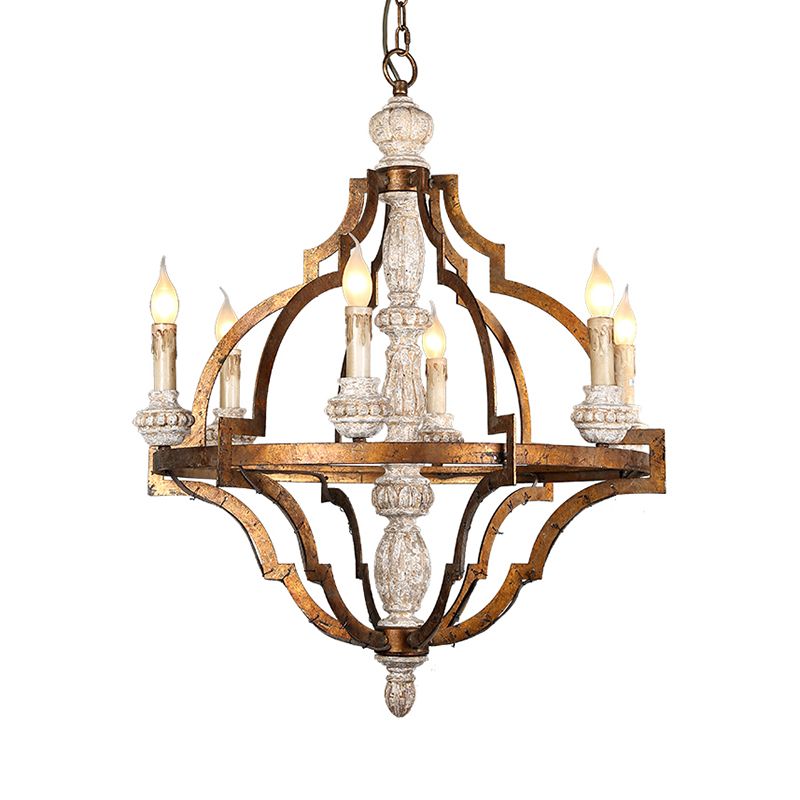 Forme de bougie vintage Pendentif suspendu 6 lumières Plafond en bois lustre en laiton antique pour salle à manger