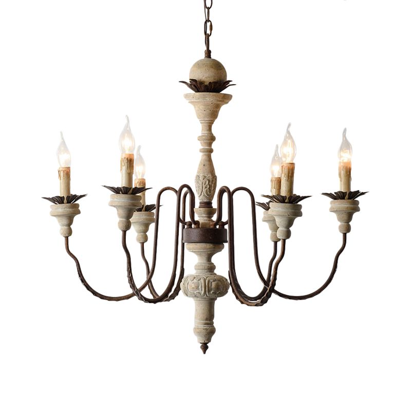 6 Bulbs Starburst Ceiling Chandelier Traditional Wood Suspended Lighting Fixture in Grey