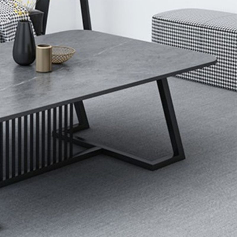 Rectangle Stone Top Coffee Table with Black Metal Trestle Base