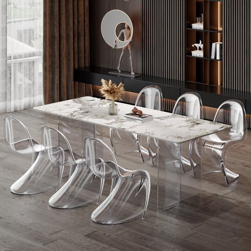 Rectangle Transparent Base Dining Table Modern Stone Double Pedestal Table