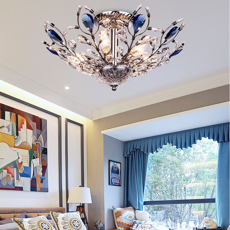 Metallic Peacock Tail Semi Flush Ceiling Light Modern 6 Lights Gold/Chrome Ceiling Mounted Fixture with Crystal Drops