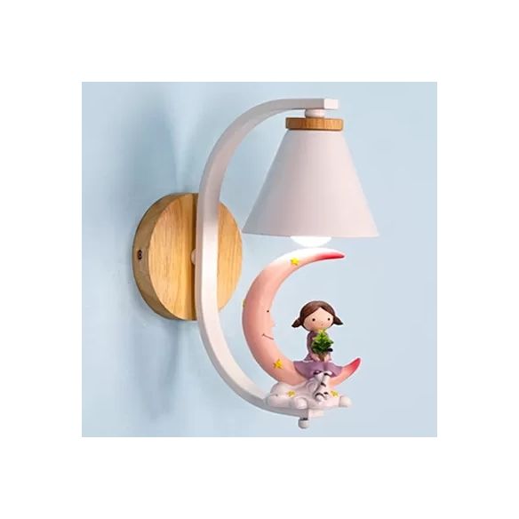 Funnel Shade Wall Light con Little Kid Deco 1 Testa adorabile Sconce da parete in metallo per camera da letto per bambini