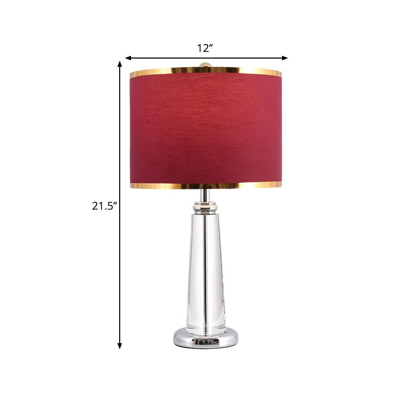 Lampada da comodino circolare bordeaux con paralume in tessuto tradizionale, 1 lampadina, lampada da tavolo da camera da letto con lampione in cristallo