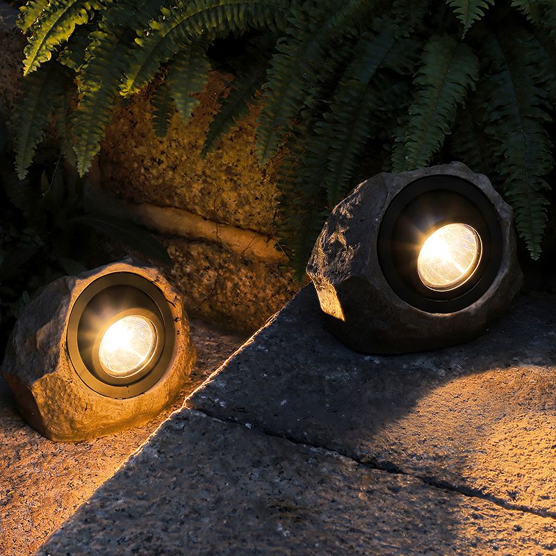 Resin Stone LED Lawn Spotlight Artistic Grey Solar Ground Light for Pathway, 1 Piece