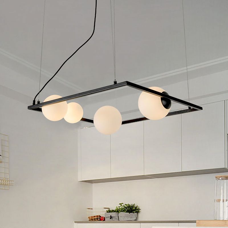 Black Frame Chandelier Lamp Modern 4 Heads Metal Pendant Light Fixture with Opal Glass Shade