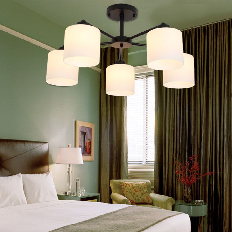 Cylinder Shaped Bedroom Ceiling Lighting Rustic Opal Glass Black Finish Chandelier Light