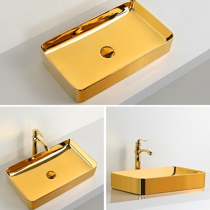 Modern Bathroom Sink Metal Rectangular with Pop-Up Drain and Faucet Vessel Bathroom Sink