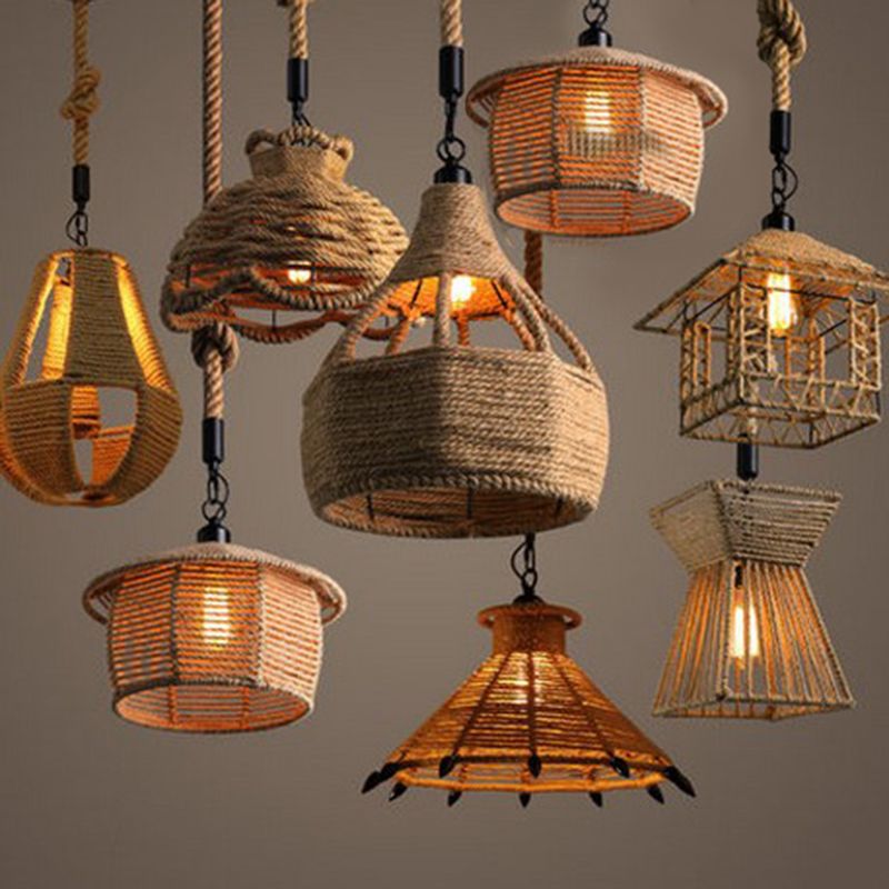 Beige Shade Pendant Lighting Fixture Warehouse Style Rope 1-Light Restaurant Suspension Light