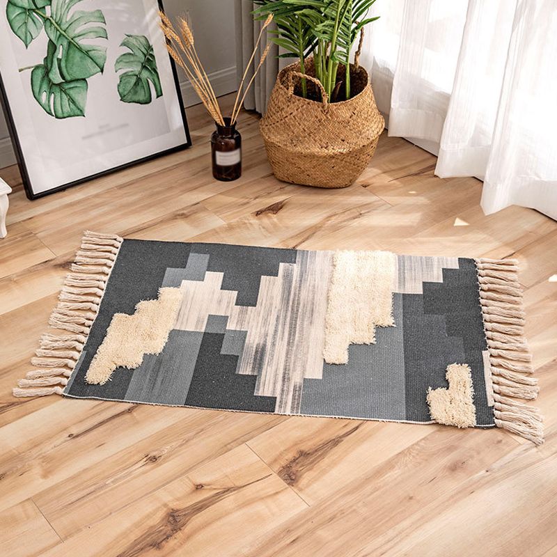 Multicoloured Tribal Stripe Pattern Rug Flax Bohemian Rug Pet Friendly Washable Non-Slip Area Rug for Living Room