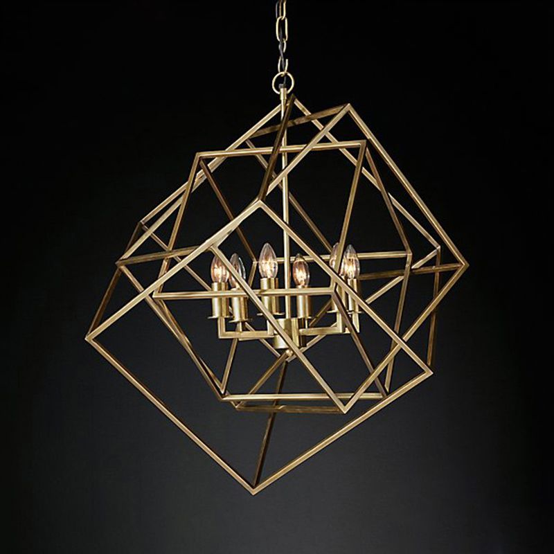 Geometric Metal Chandelier Light Traditional 6 Lights Living Room Pendant Lighting in Brass/Chrome