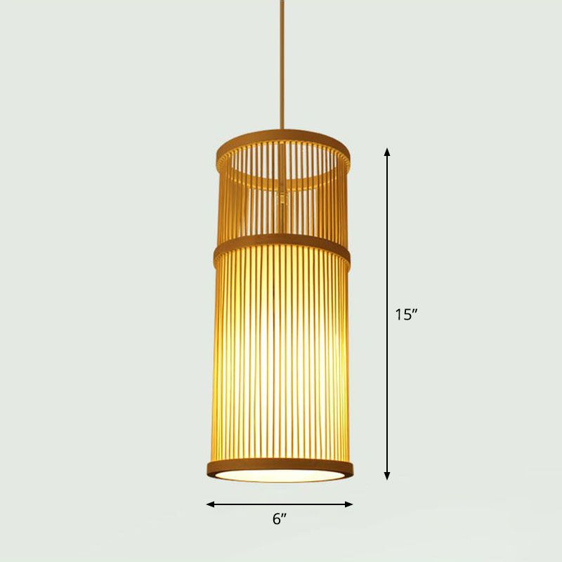 Handcrafted Ceiling Light Chinese Style Bamboo Single Restaurant Hanging Pendant Light in Wood