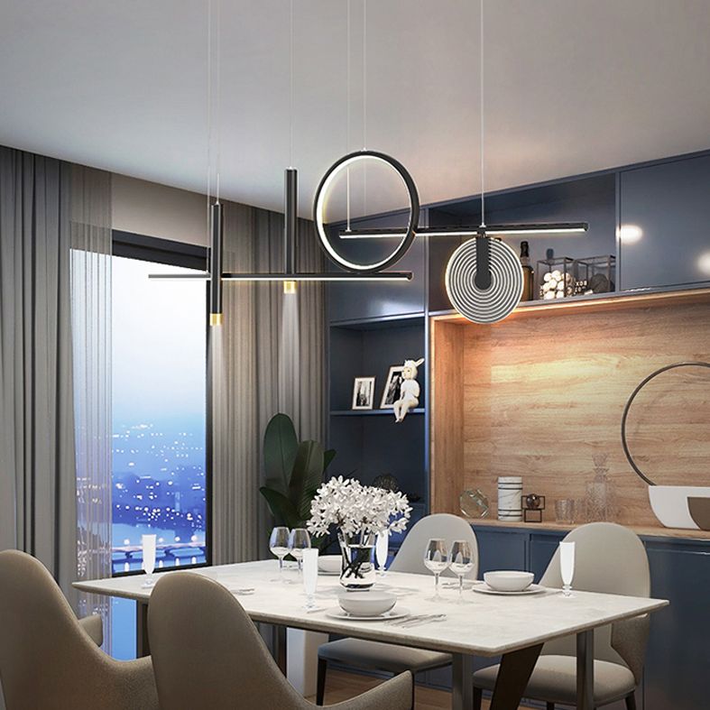 Minimalist Shaded Hanging Island Light Metal Dinning Room LED Island Pendant Light in Black