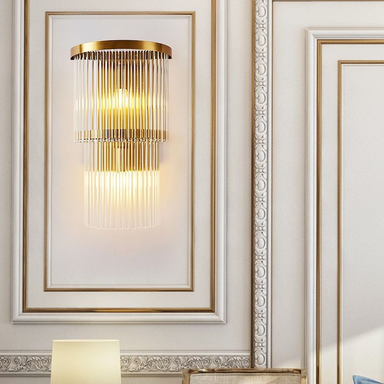 Lámpara de matorral de cristal de 2 niveles moderna luz dorada de 2 luces luz montada en la pared para dormitorio