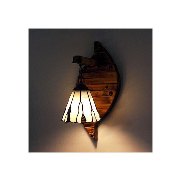 Cone Shape Wall Light Retro Style Colorful Stained Glass 1 Light Wall Sconce Lamp Fixture in White/Light Blue/Light Blue-White/Orange-Red/Yellow/White for Balcony