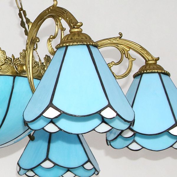 Conische hangende verlichting met blauwe glazen schaduw Vintage traditionele woonkamerverlichting in blauw