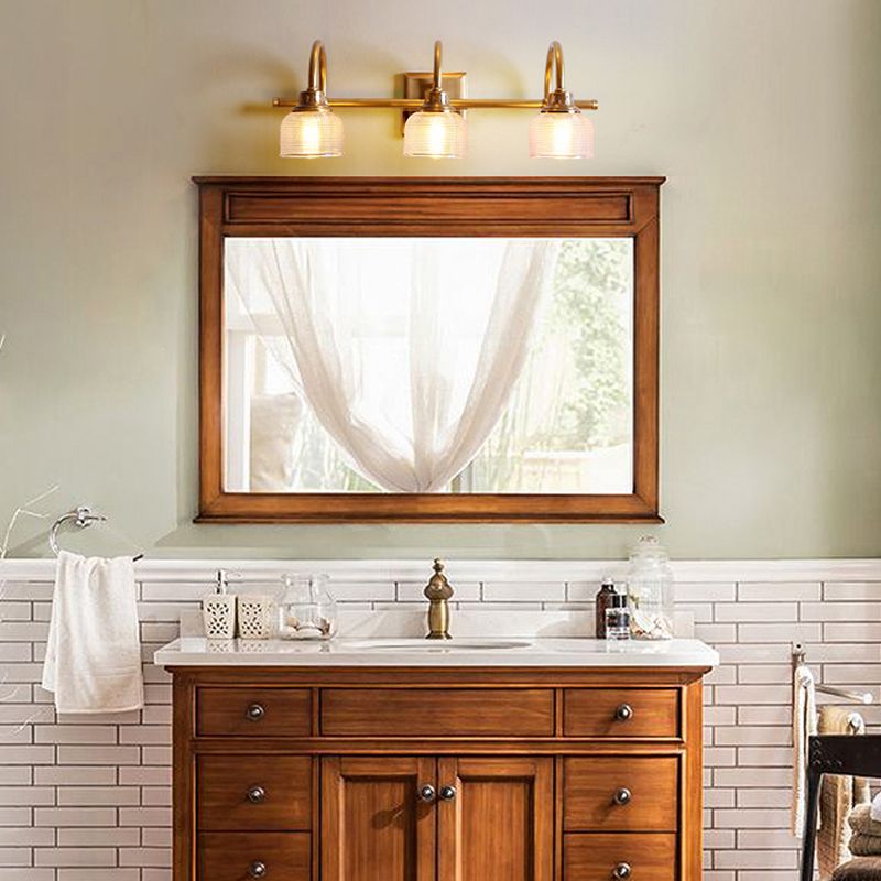 Brass Armed Vanity Light Fixture American Style Vanity Mirror Lights in Prismatic Glass Shade