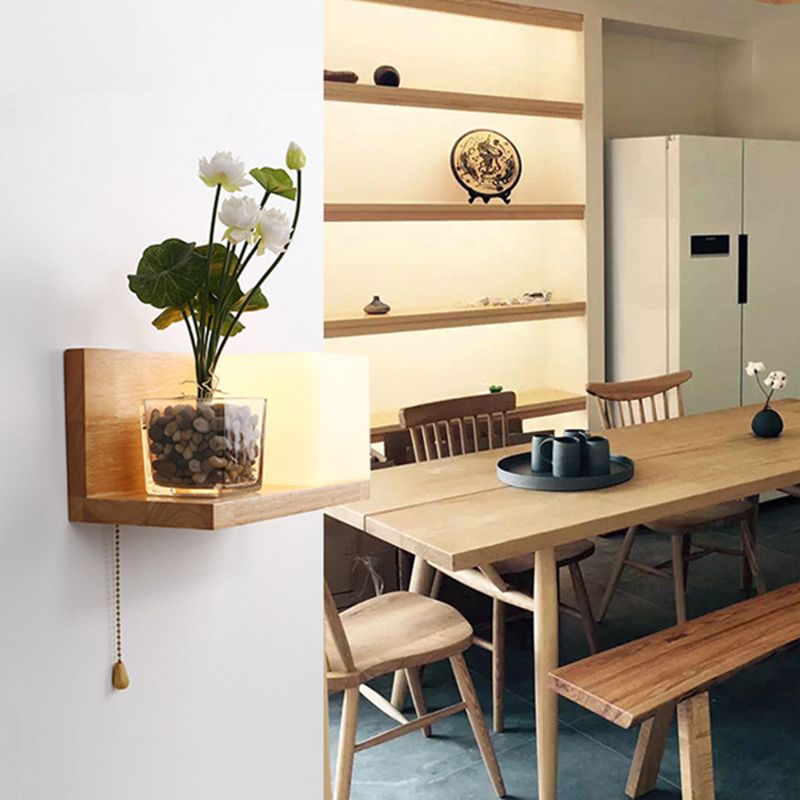 Nordic Style Solid Wood Wall Sconce White Square Glass Shade Wall Mount Light with Hand-pull Switch