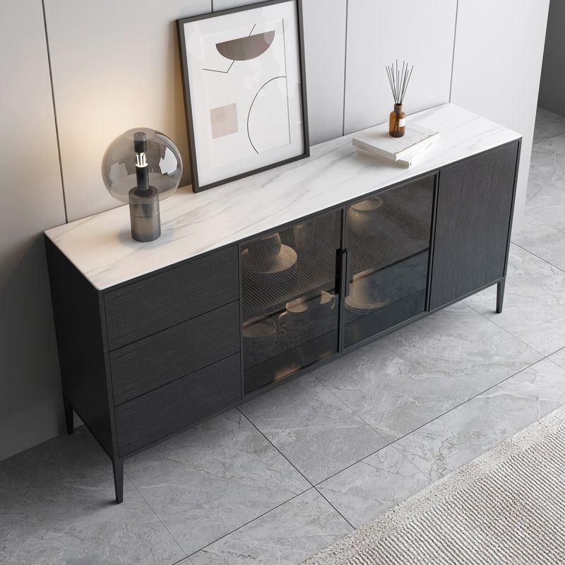 Contemporary Sideboard Black Wood No Distressing with 3 Drawers Cabinets Included Credenza