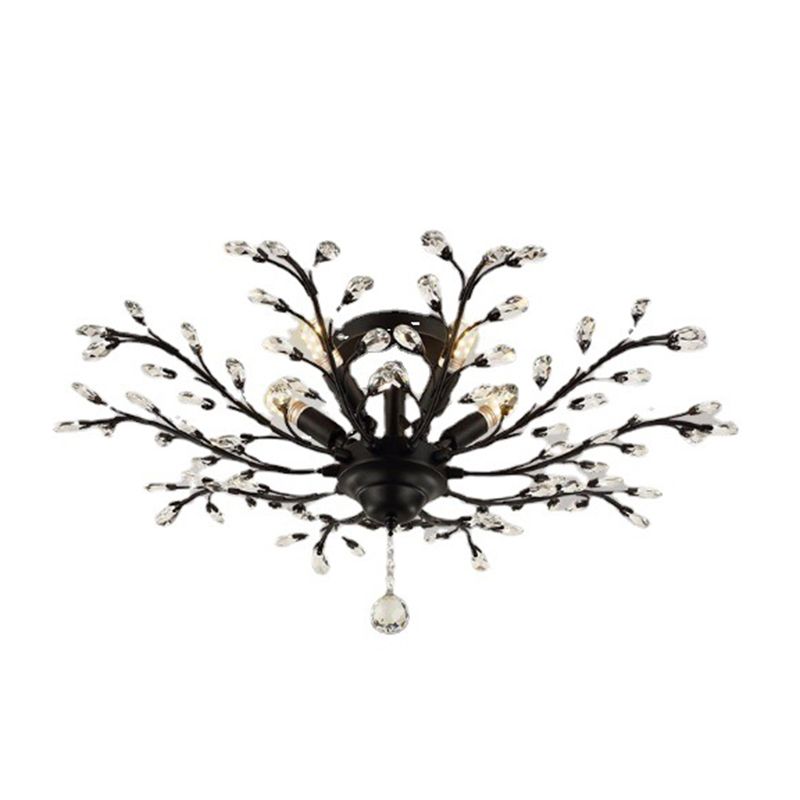 Contemporary Leaf Flush Light Crystal Flush Mount Ceiling Fixture in Black