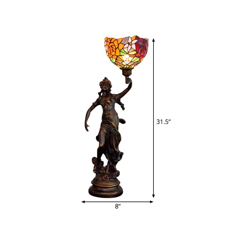 Angel Statue Night Stand Light Single White-Green/Orange/Green Floral Glass Tiffany Table Lighting in Bronze