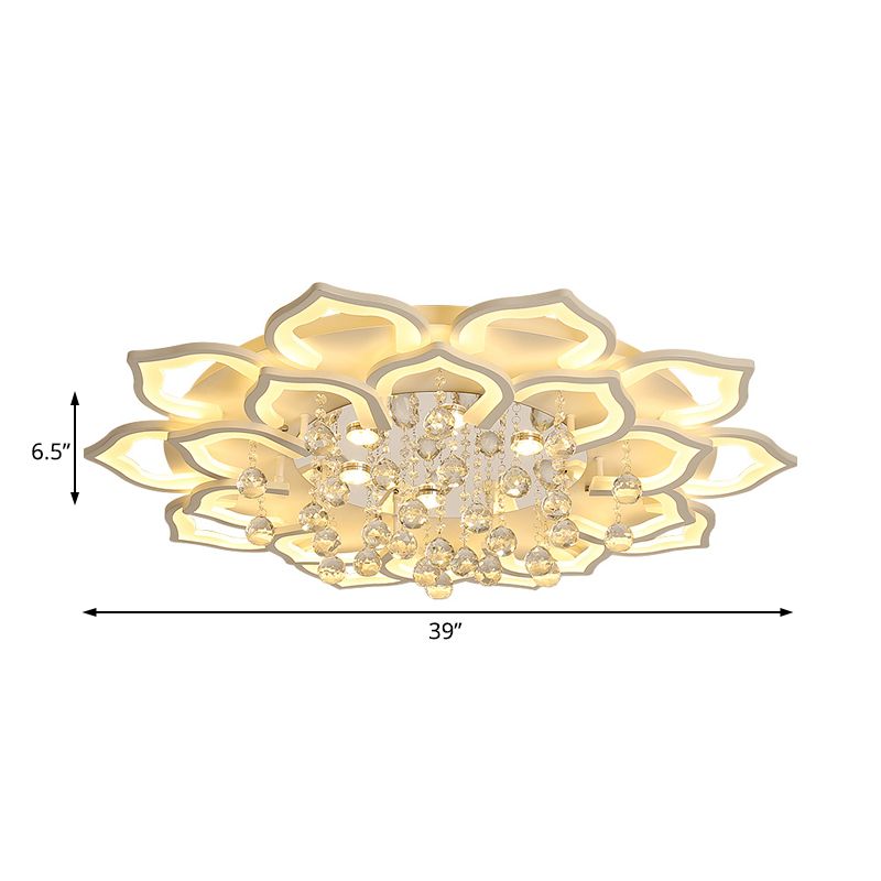 6/16/20 Lights Living Room Ceiling Light White Flush Mount Light Fixture in Warm/White Light with Floral Acrylic Shade and Crystal Drop