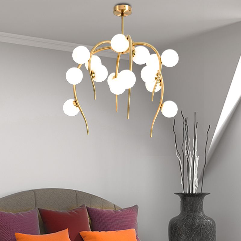 Branch Dining Room Chandelier Iron 15/20-Light Modern Hanging Lamp in Black/Gold with Matte White Balls