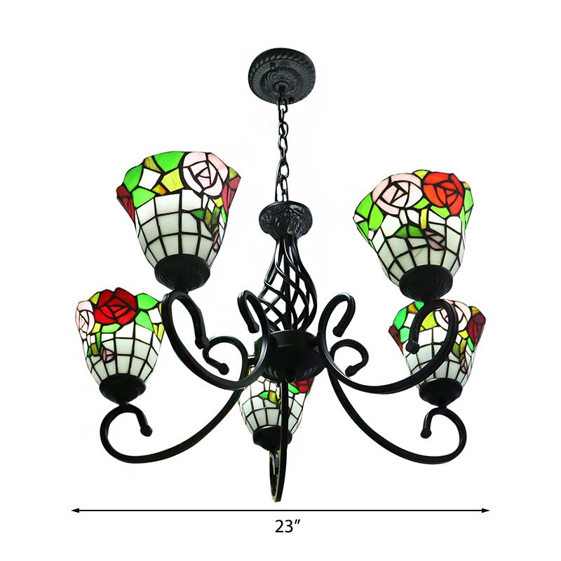 Rose Chandelier Hanging Light Fixture Lodge Stained Glass 5-Light Suspension Light in Black Finish
