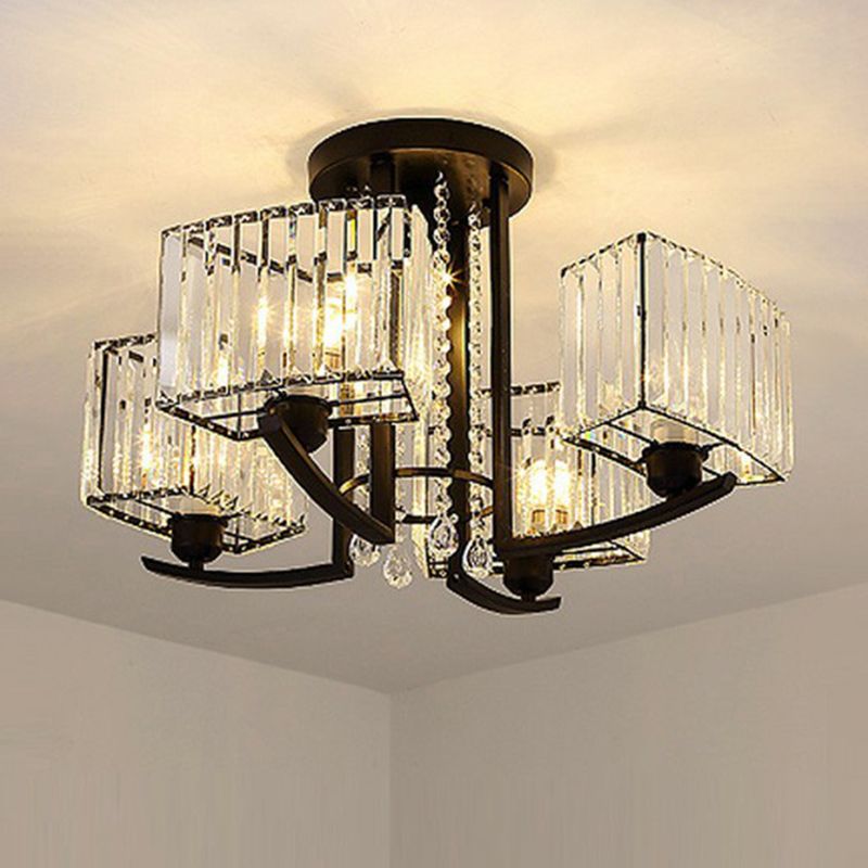 Rectangle Bedroom Semi Flush Ceiling Light Crystal Contemporary Flush Mount Lamp in Black