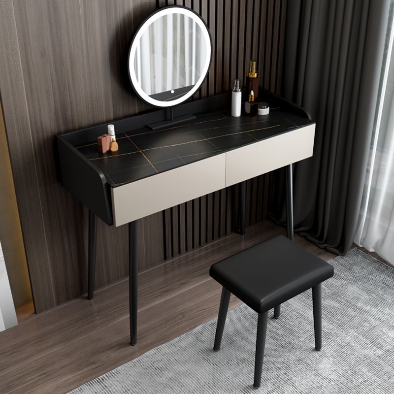 Black Stone Top Vanity Desk Contemporary 2 Drawers Dressing Table with Stool