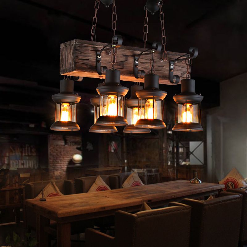 Rectangular Shape Pendant Light Modern Style Wood 6 Lights Hanging Lamp in Brown